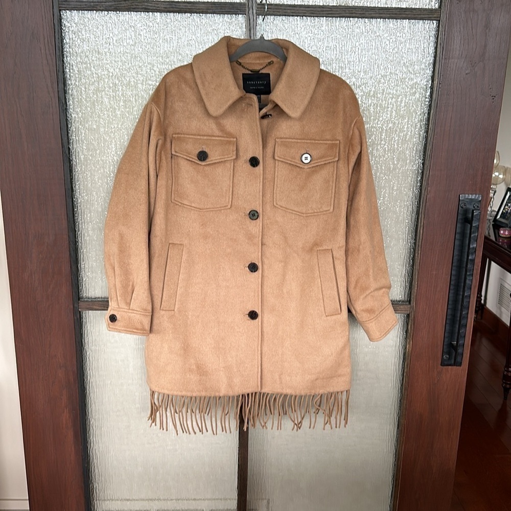 Sanctuary Camel Fringe Wool Blend Coat Size XS fits to Medium NWT